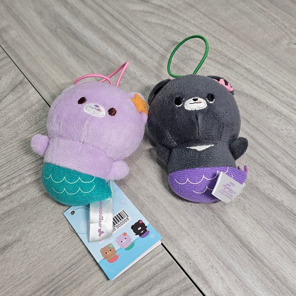 Lot of 2 Fukuya Mermaid Bear Plush Hang Tag Keychains Purple Black Kawaii